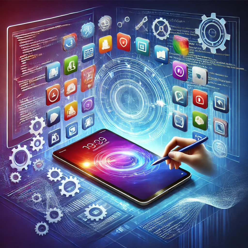 DALL·E 2024 10 04 15.59.27 A visually engaging image representing app development showcasing a smartphone or tablet surrounded by icons of various apps coding symbols and gea