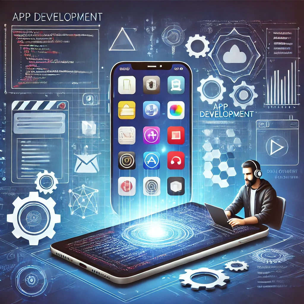 DALL·E 2024 10 04 16.01.52 A creative image symbolizing app development with a smartphone or tablet displaying various app icons. Around the device there are elements like cod